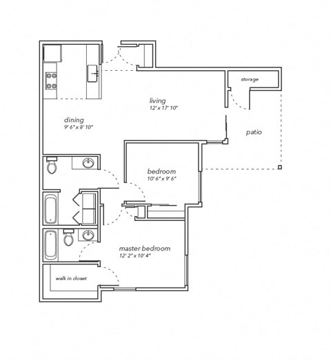 Floor plan for 2 beds, 2 baths, 970 sqft